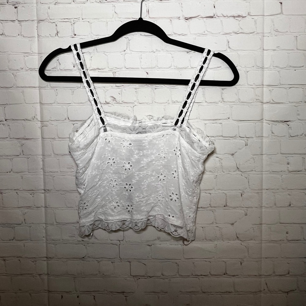 ✨Bobbi Rocco White Eyelet Lace Cami Crop Top Black Ribbon Tie Detail Size S - Picture 3 of 7
